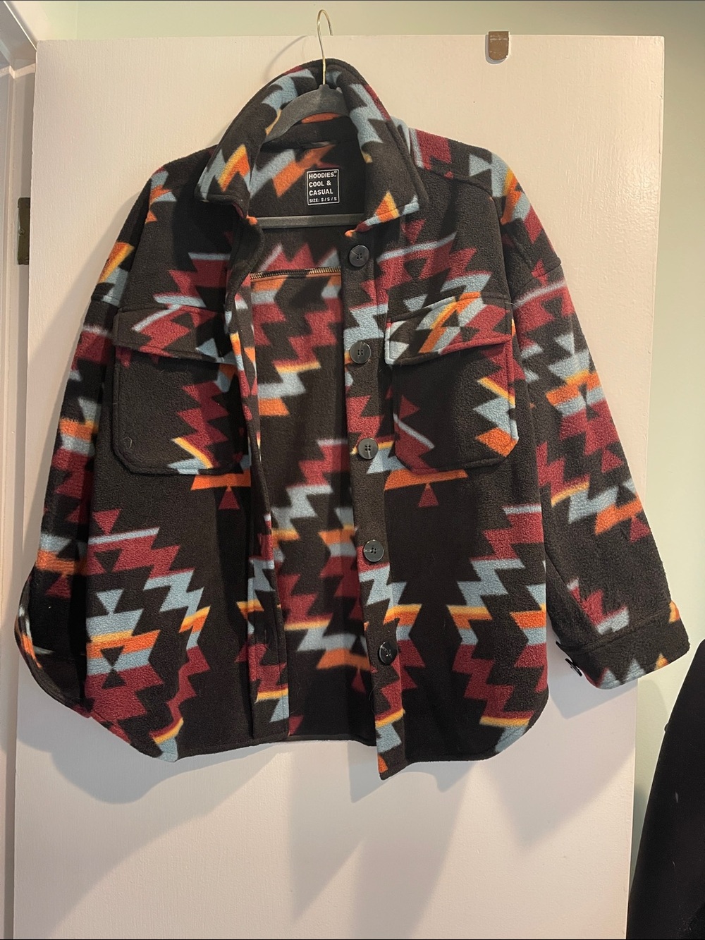 Casual Aztec Print Fleece Shacket - Black Multi
